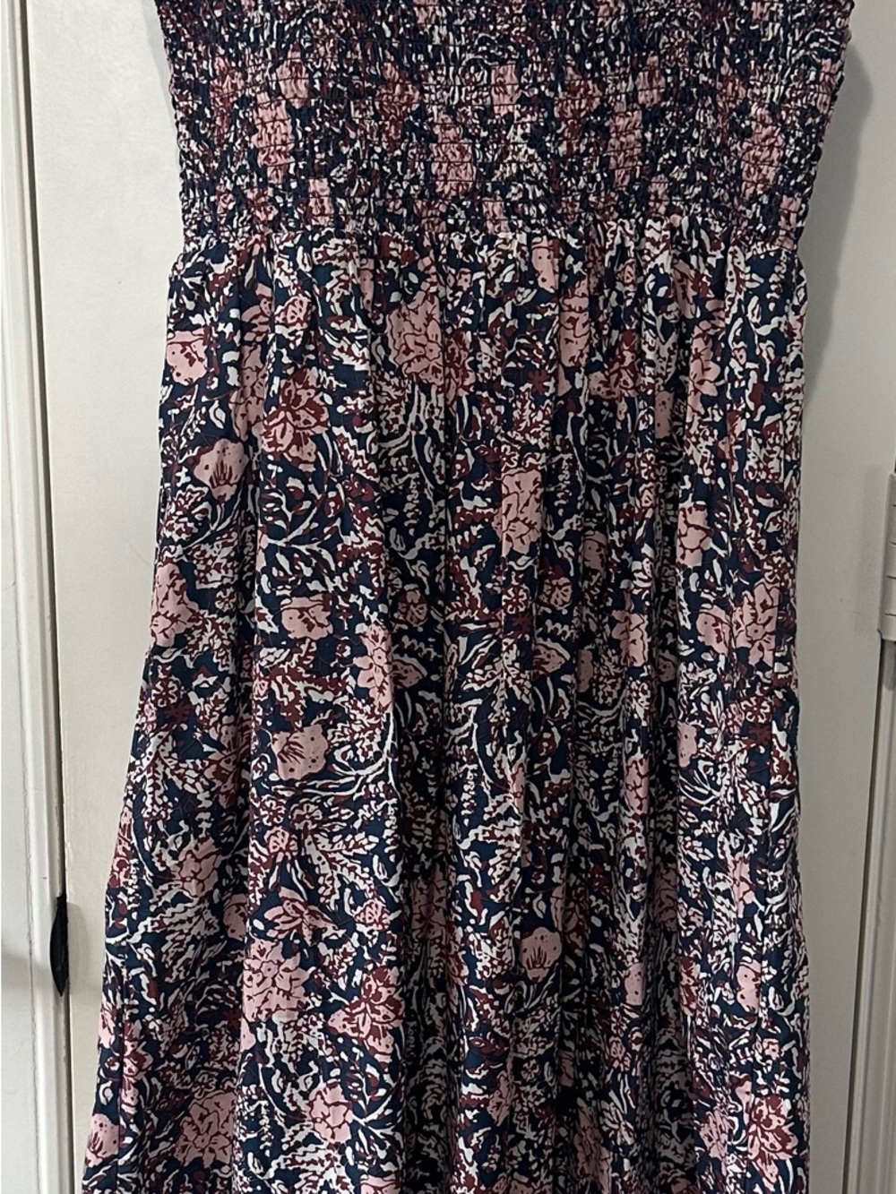 Ann Taylor Navy and Pink Floral Smocked Sleeveless Dress